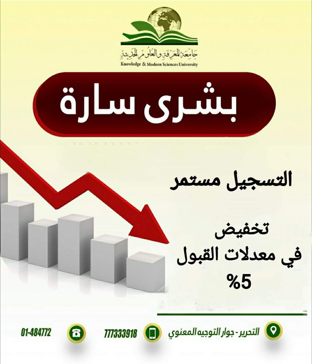 تعلن جامعة المعرفة والعلوم الحديثة عن تخفيض في معدلات القبول وذلك بحسب قرار وزارة التعليم العالي والبحث العلمي 