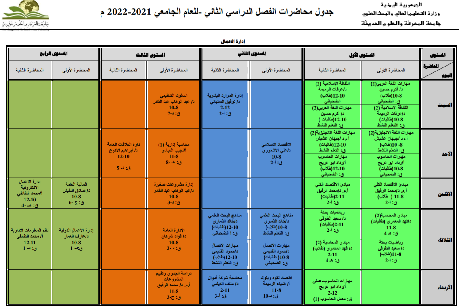 جدول قسم ادارة الاعمال