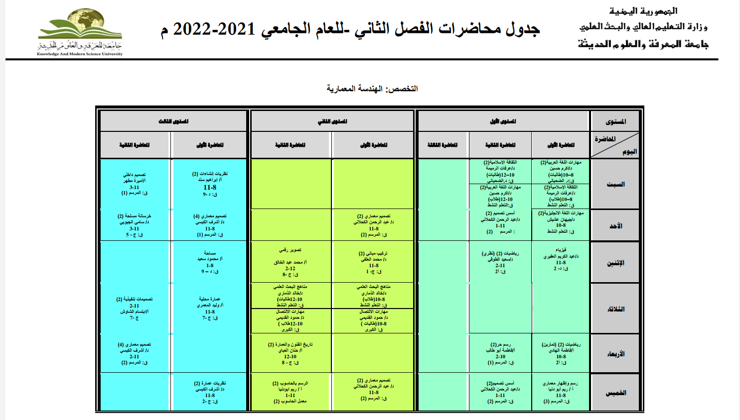 جدول قسم الهندسة المعمارية